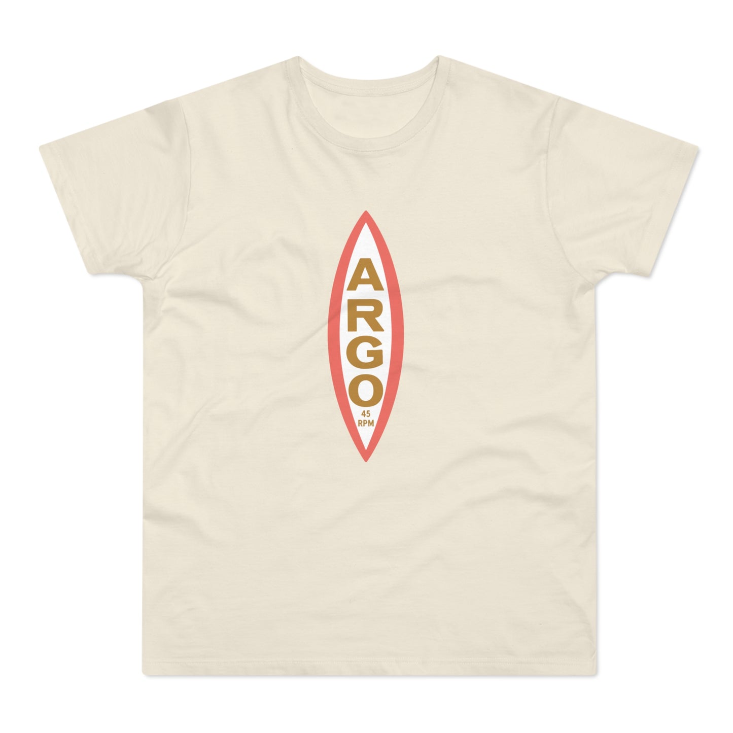 Cream t-shirt with oval graphic featuring "ARGO" and "45 RPM" text.