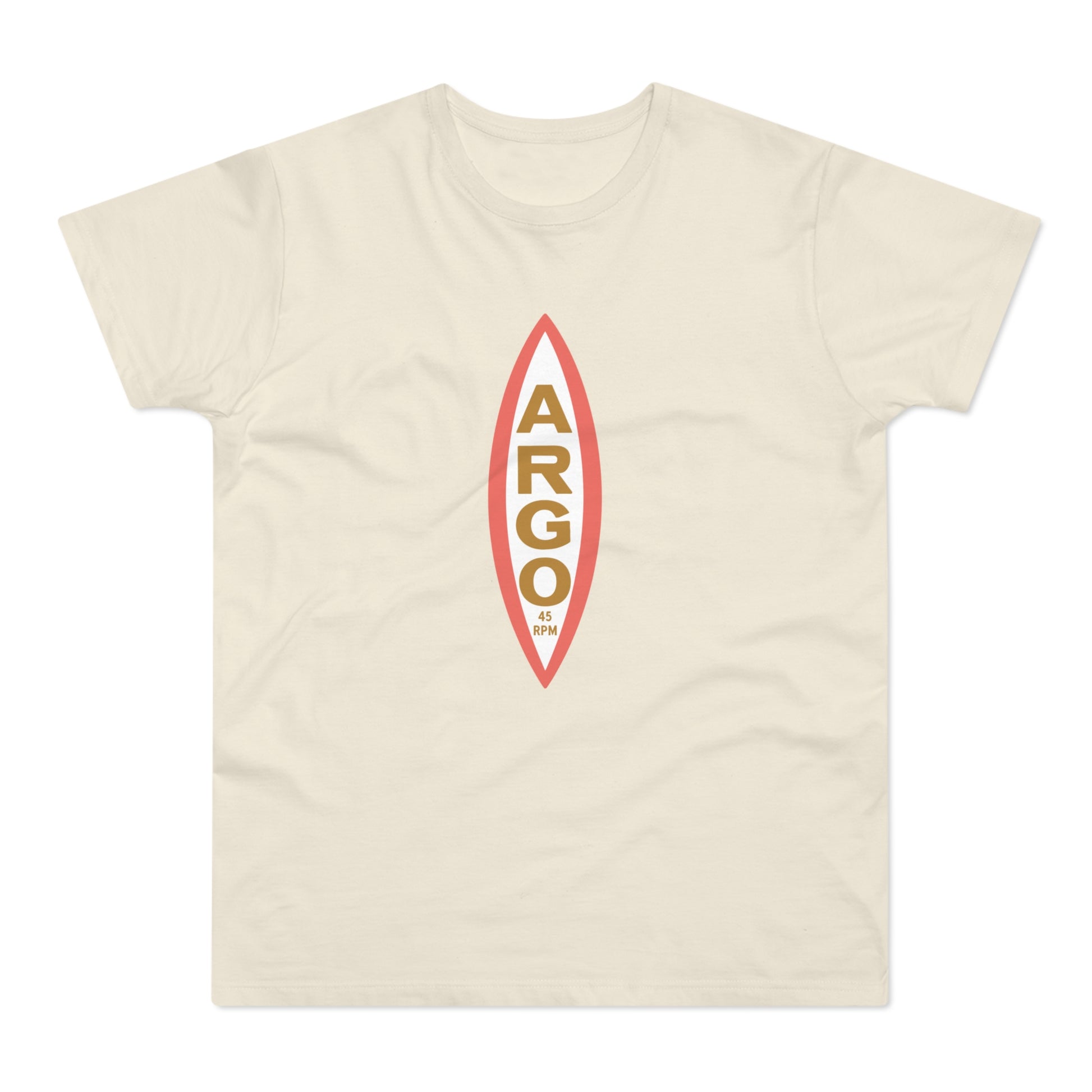 Cream t-shirt with oval graphic featuring "ARGO" and "45 RPM" text.