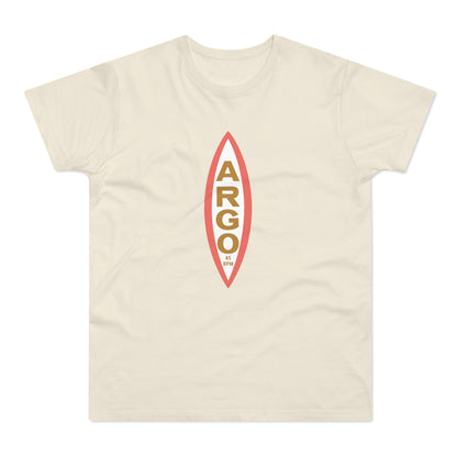 Cream t-shirt with oval graphic featuring "ARGO" and "45 RPM" text.