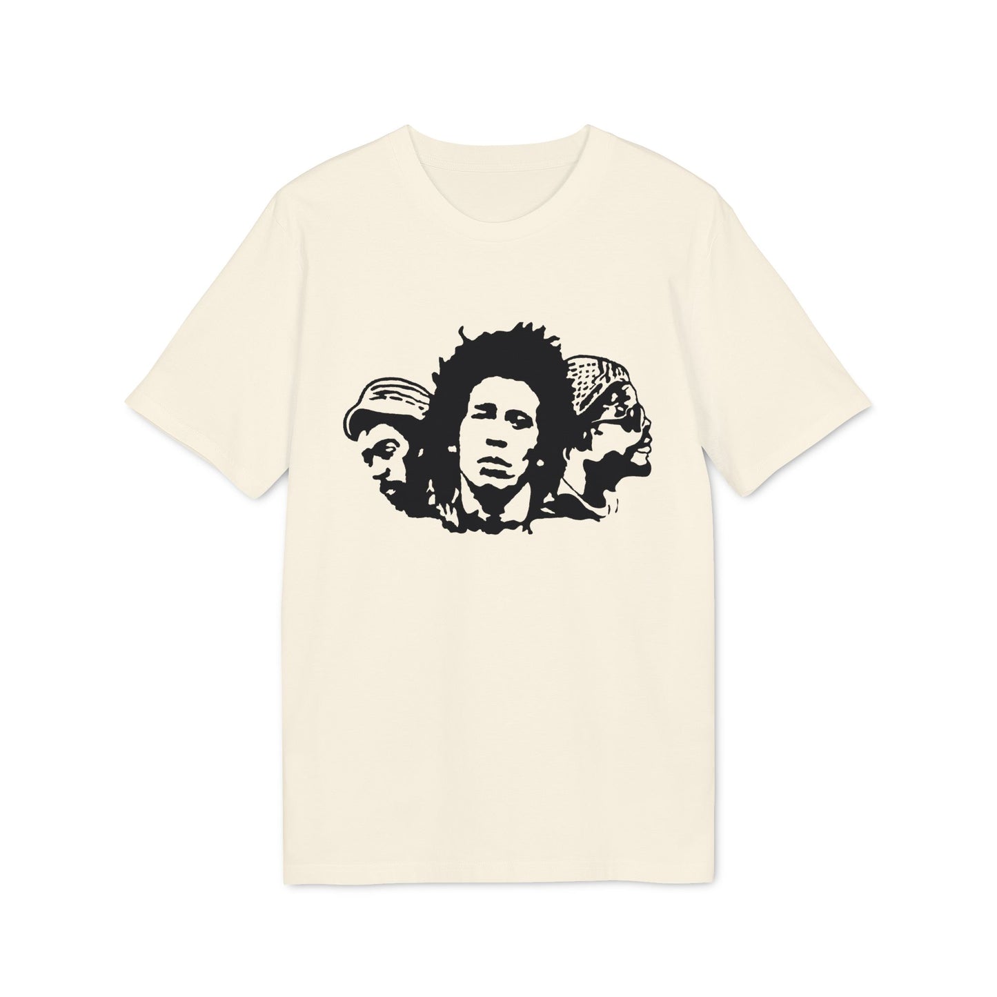 Cream t-shirt featuring a black graphic print of three reggae musicians.