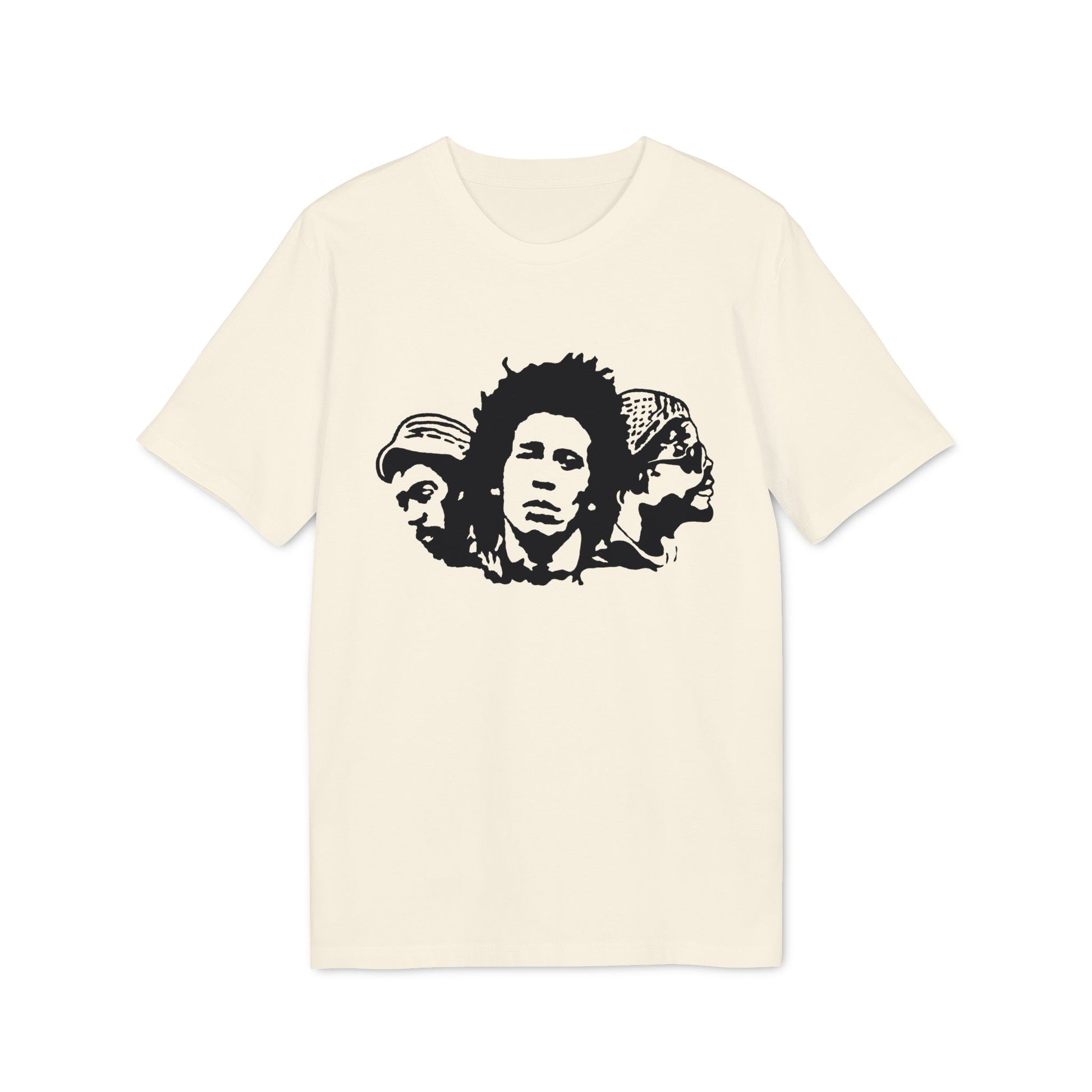 Cream t-shirt featuring a black graphic print of three reggae musicians.
