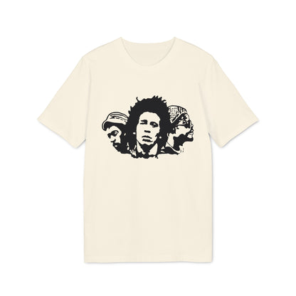 Cream t-shirt featuring a black graphic print of three reggae musicians.