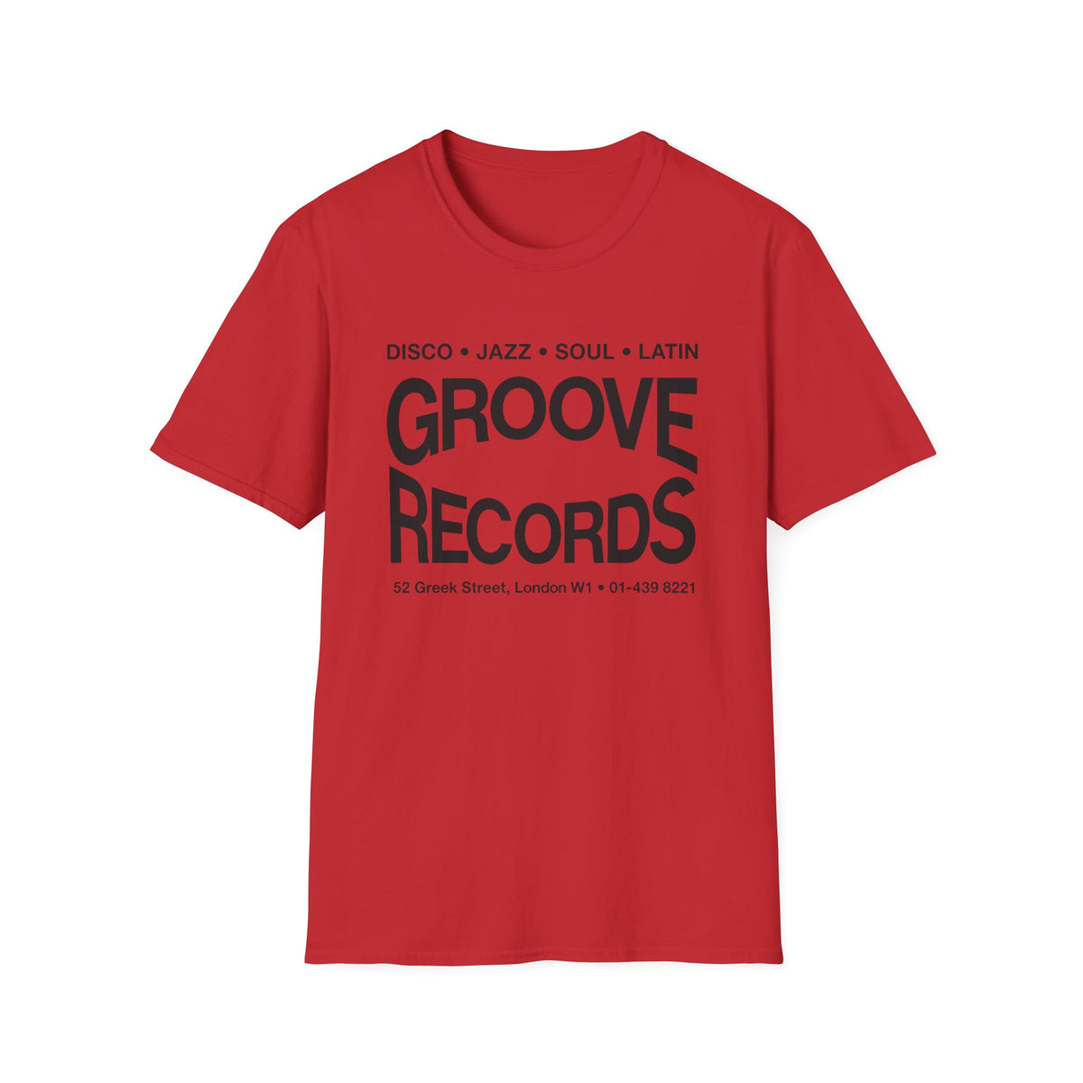 Red t-shirt with "Groove Records" and address printed in black.