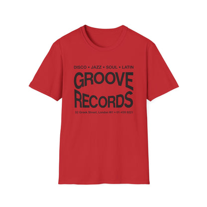 Red t-shirt with "Groove Records" and address printed in black.