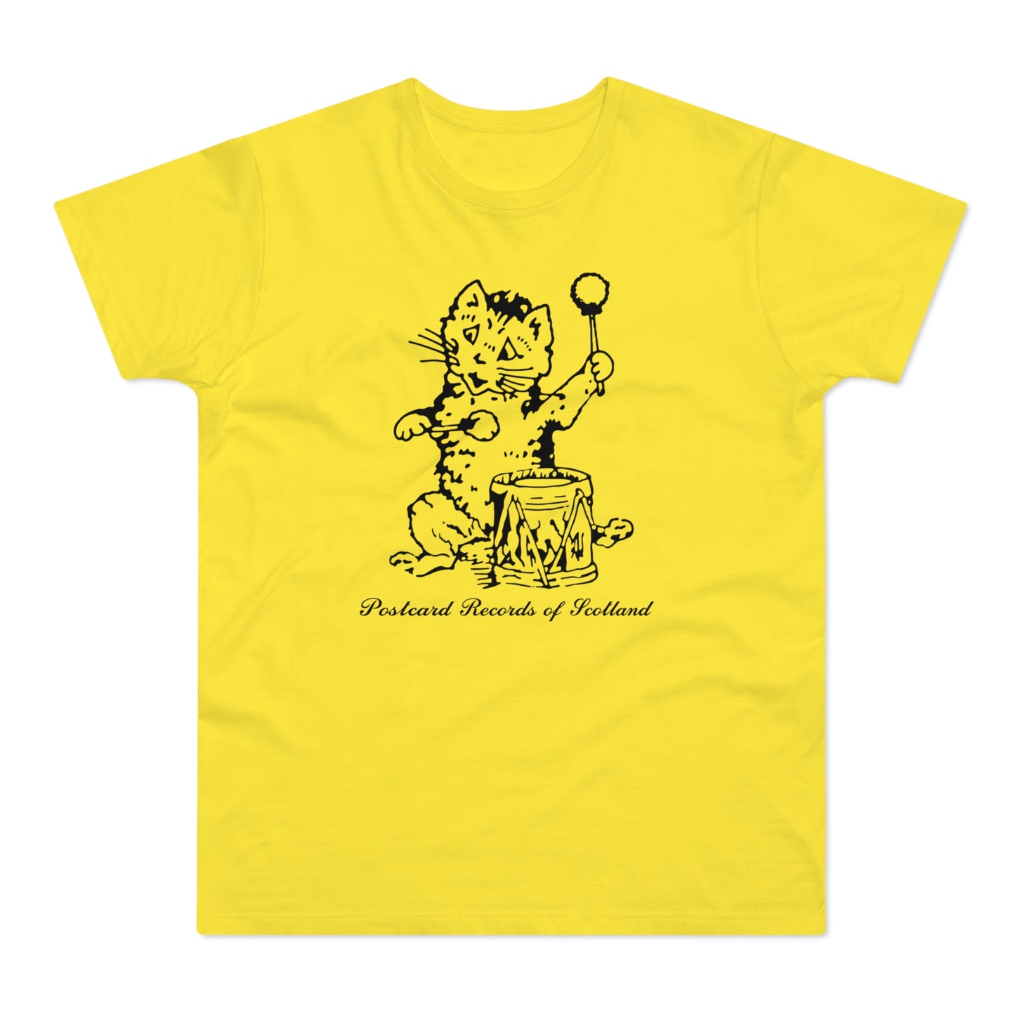 Yellow t-shirt with black ink drawing of a cat playing a drum, reads "Postcard Records of Scotland".