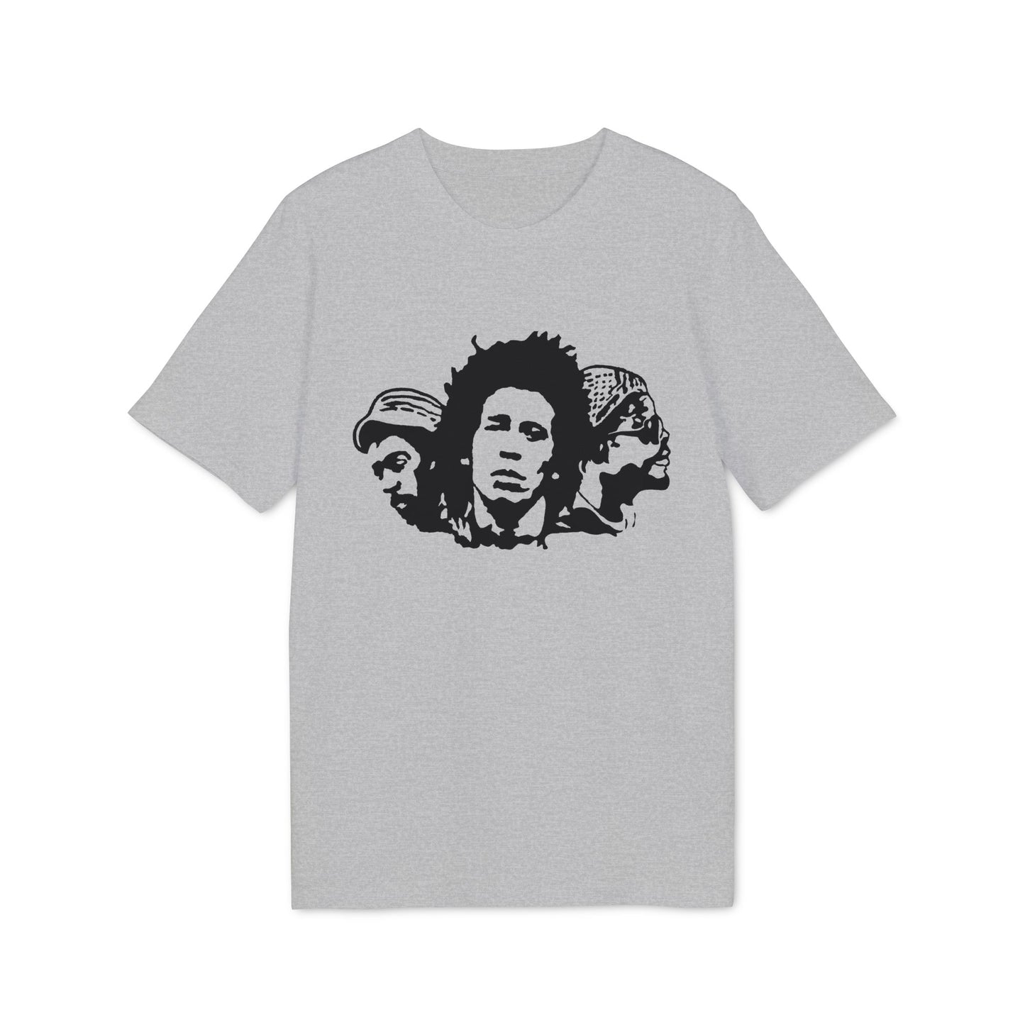 T-shirt with black stencil graphic of three men's faces.