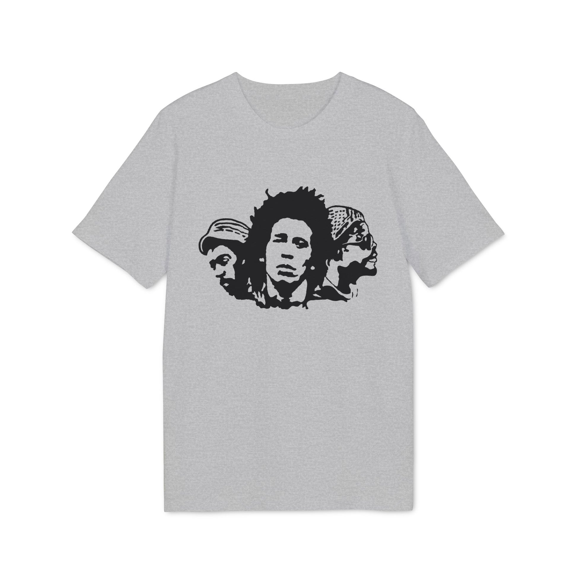 T-shirt with black stencil graphic of three men's faces.