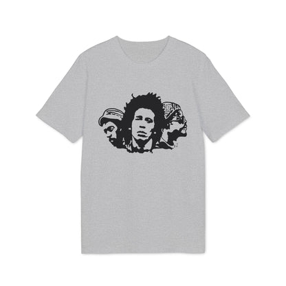 T-shirt with black stencil graphic of three men's faces.