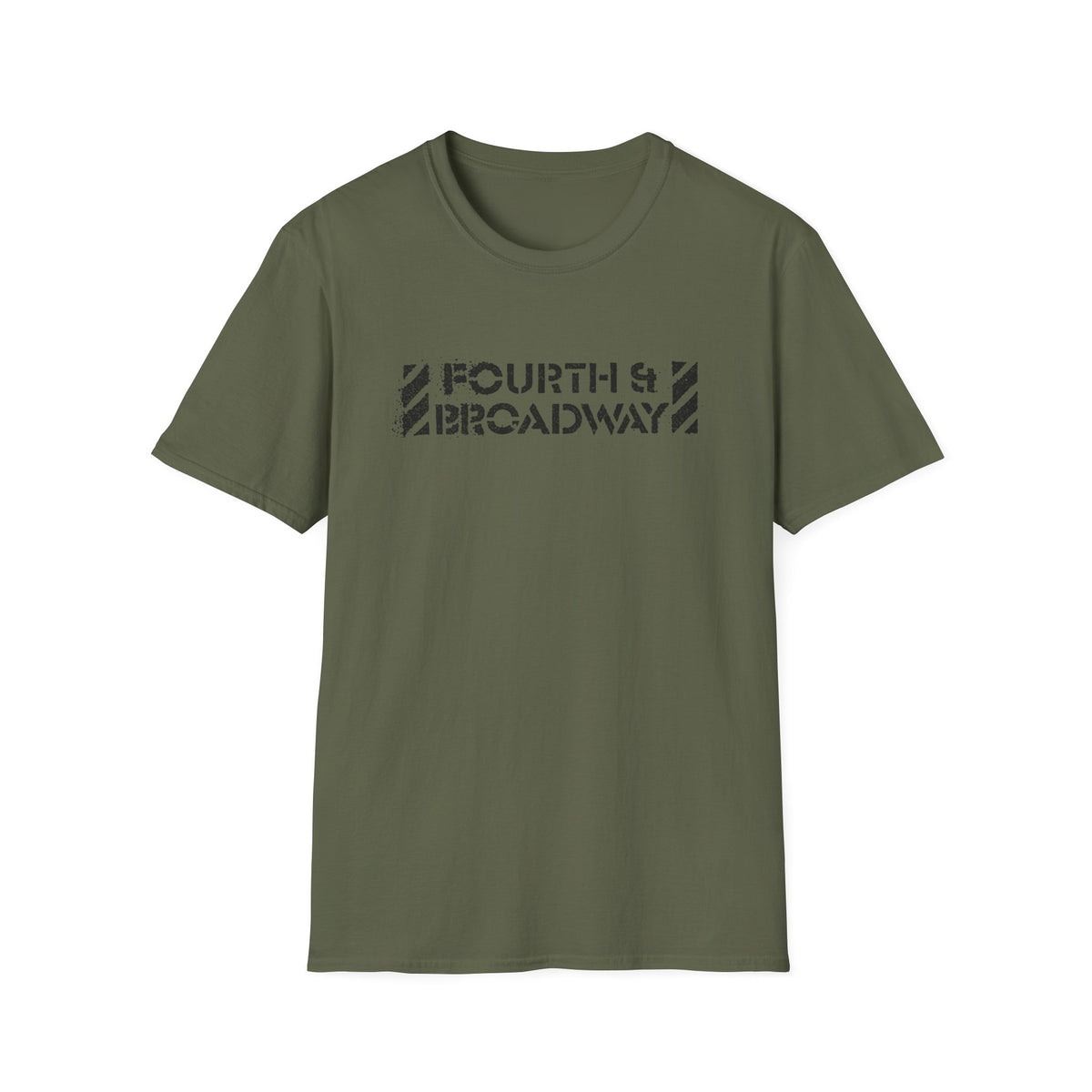 Olive green t-shirt with black "FOURTH & BROADWAY" text design.