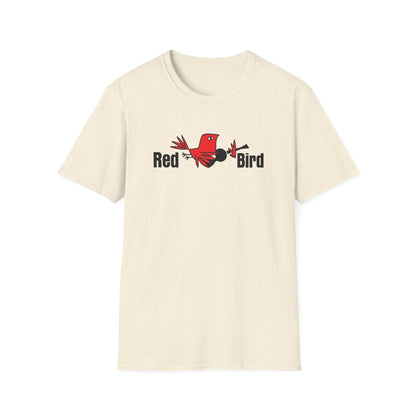 Cream t-shirt with a graphic of a red bird and the text "Red Bird".