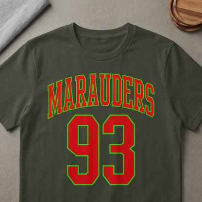 Green and red "Marauders 93" text on a dark olive green t-shirt.