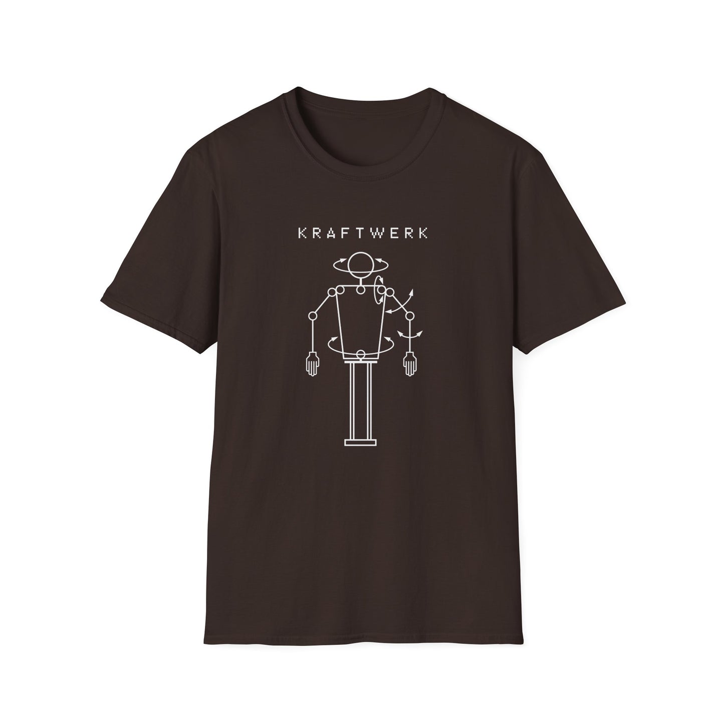 Kraftwerk band logo with futuristic robot diagram on a brown t-shirt.