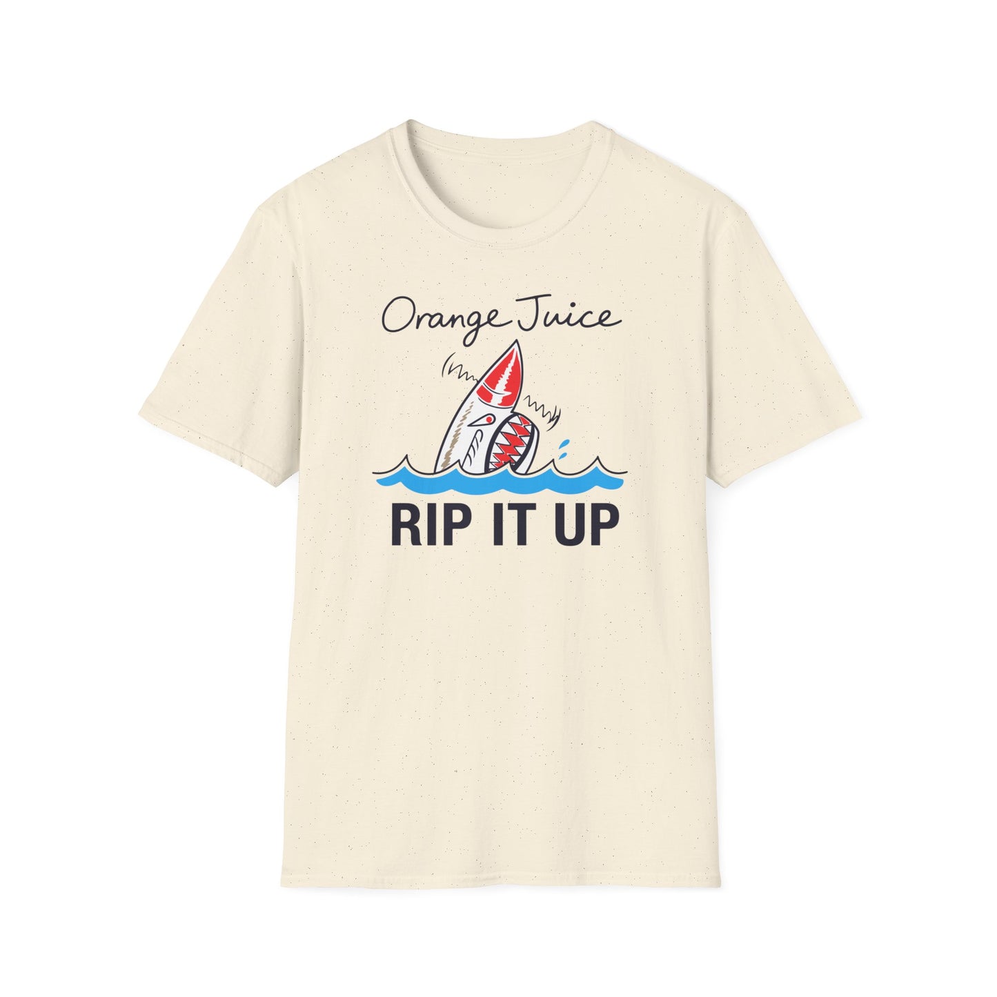 Cream t-shirt with "Orange Juice Rip It Up" text and a shark graphic.