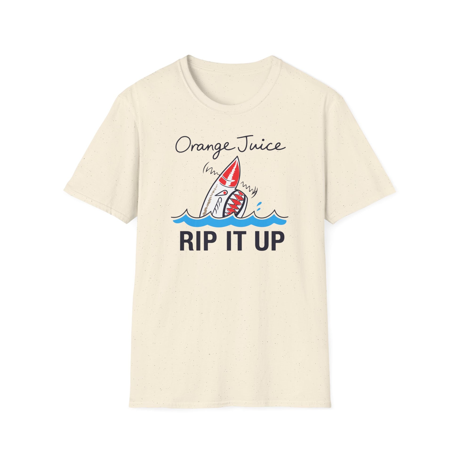 Cream t-shirt with "Orange Juice Rip It Up" text and a shark graphic.