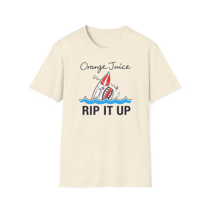 Cream t-shirt with "Orange Juice Rip It Up" text and a shark graphic.