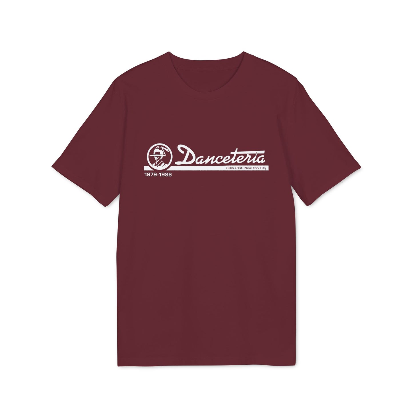 Maroon t-shirt with white Danceteria logo, dates, and New York City address.