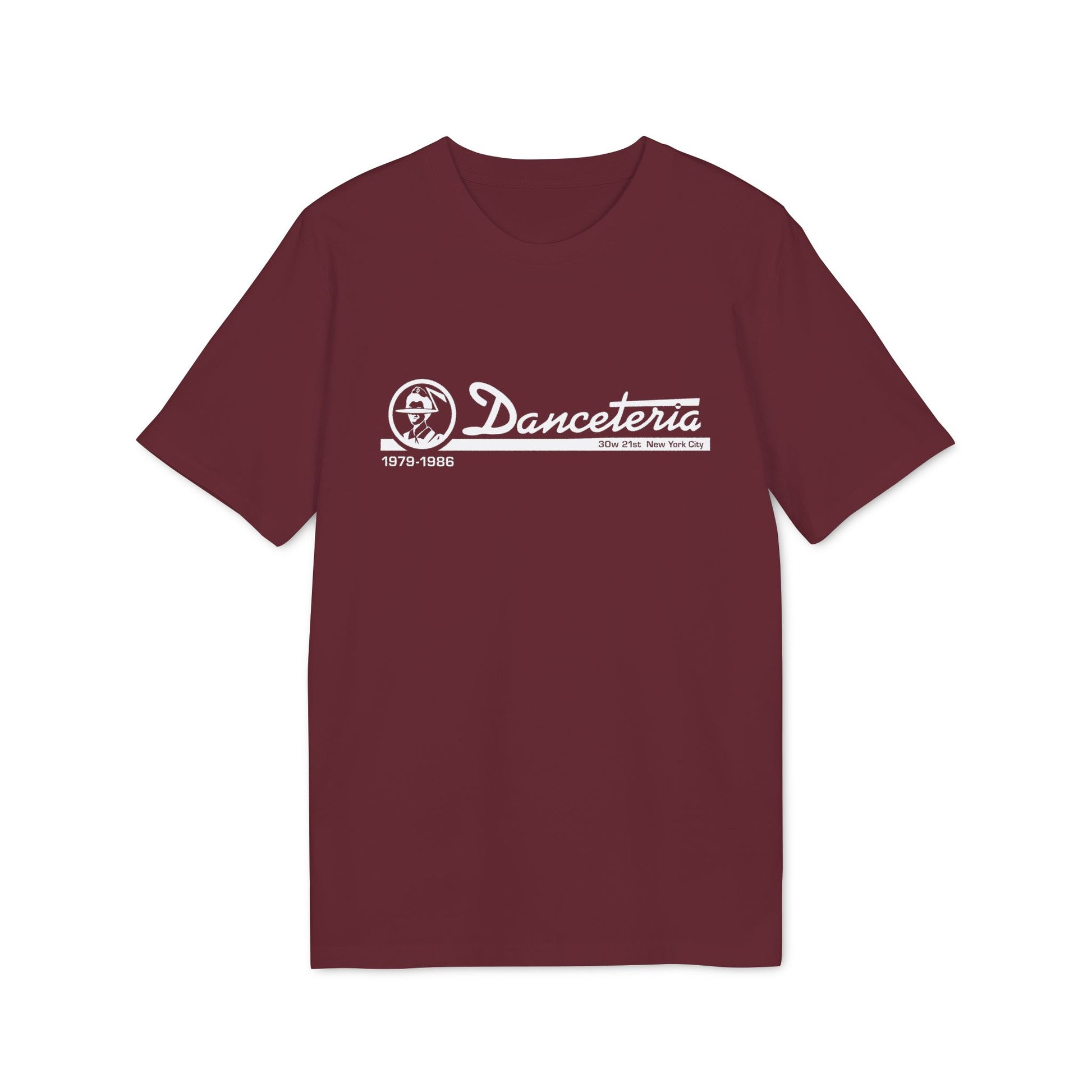 Maroon t-shirt with white Danceteria logo, dates, and New York City address.