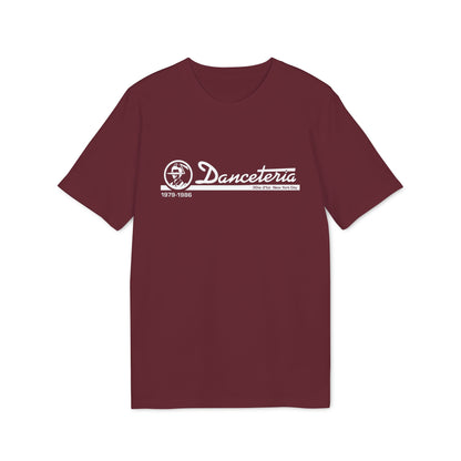 Maroon t-shirt with white Danceteria logo, dates, and New York City address.