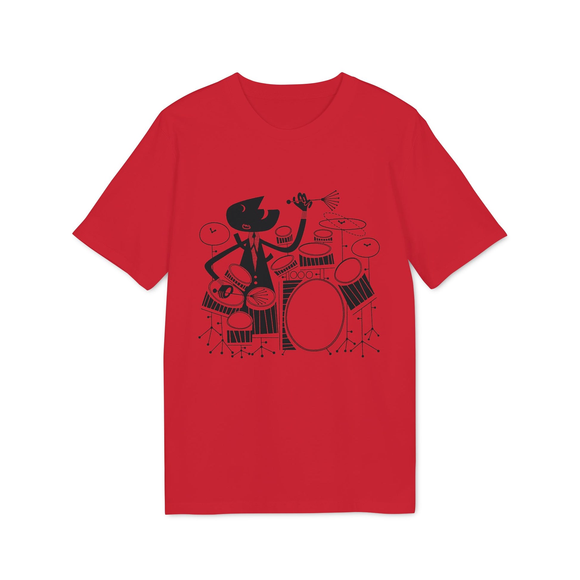 Black cartoon drummer playing drum set on a red t-shirt.