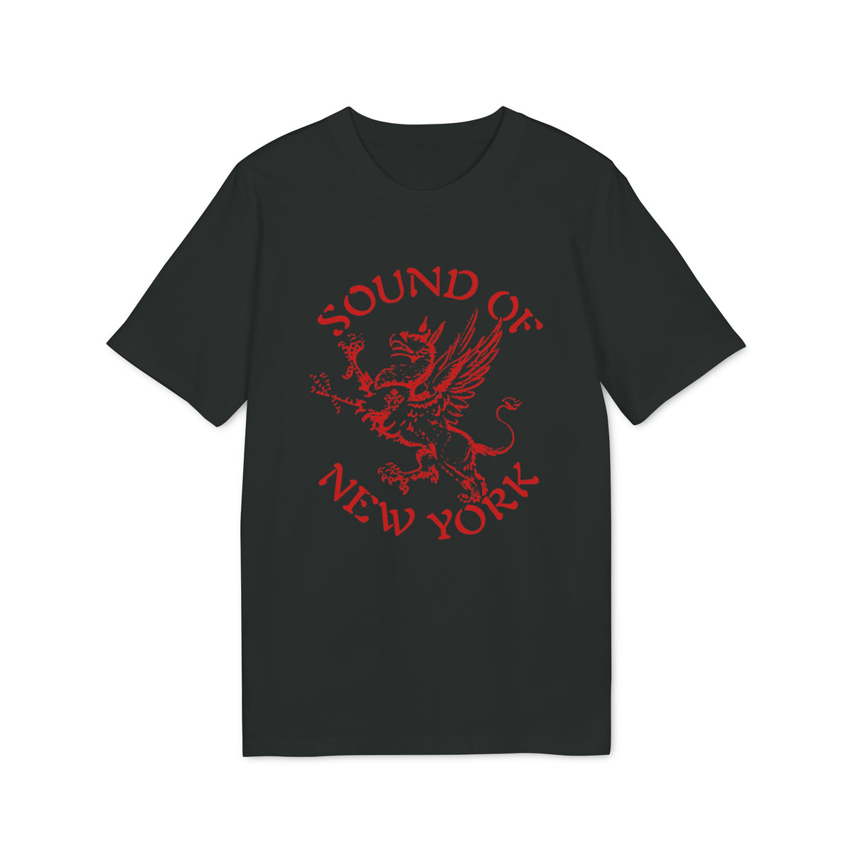 Black t-shirt with red "Sound of New York" text and griffin graphic.