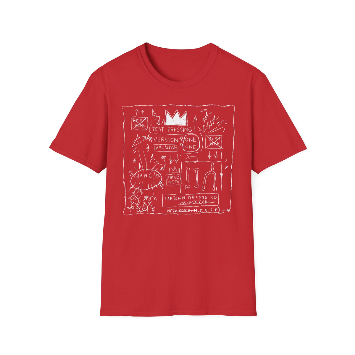 Red t-shirt with white line drawing featuring a crown, text, and abstract elements.