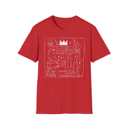 Red t-shirt with white line drawing featuring a crown, text, and abstract elements.