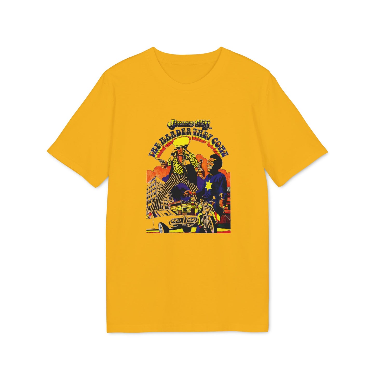 Yellow t-shirt with "THE HARDER THEY COME Jimmy Cliff" graphic.