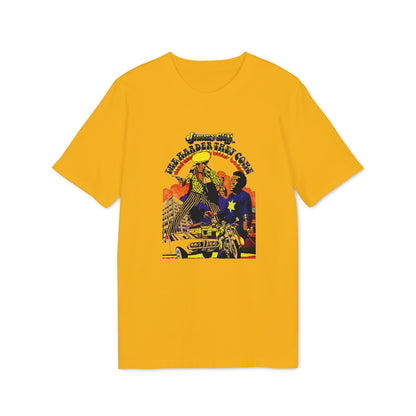 Yellow t-shirt with "THE HARDER THEY COME Jimmy Cliff" graphic.