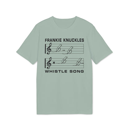 T-shirt with "Frankie Knuckles Whistle Song" text and musical staff with whistles.