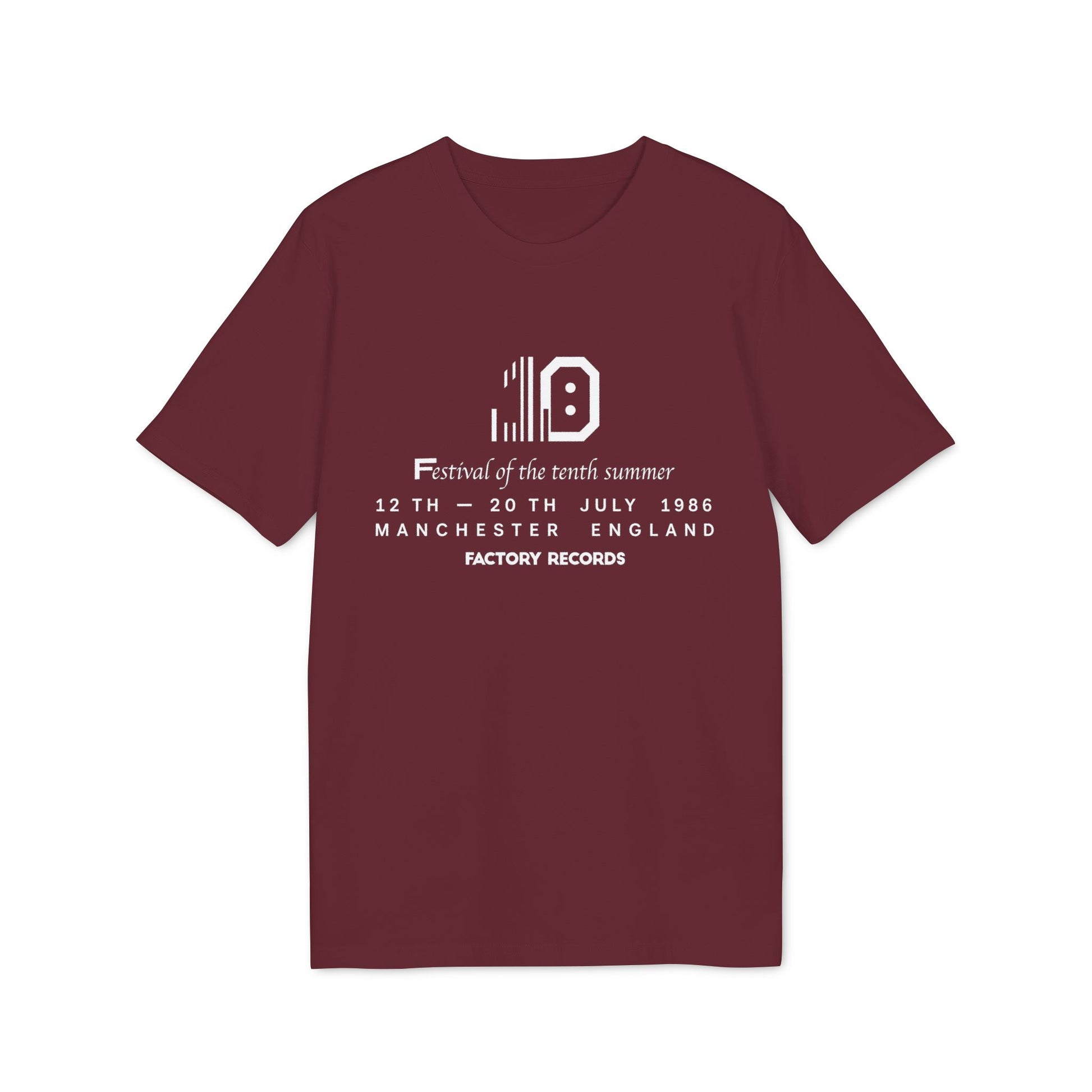 Maroon t-shirt with white text: "Festival of the tenth summer" and Factory Records details.