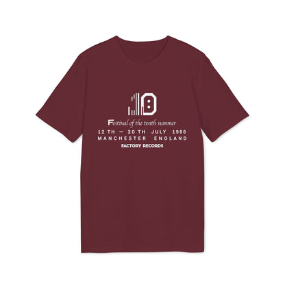 Maroon t-shirt with white text: "Festival of the tenth summer" and Factory Records details.