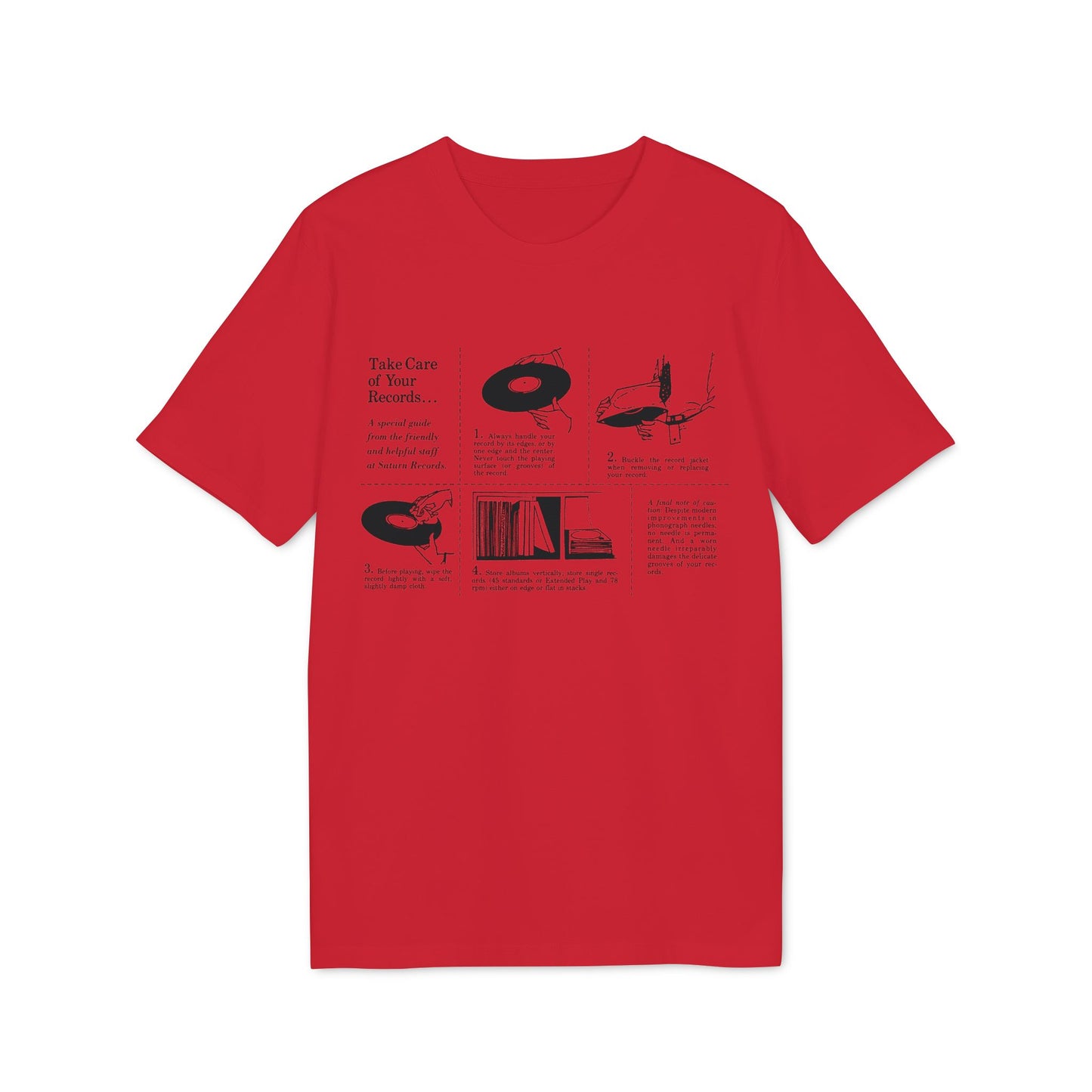 Red t-shirt with illustrated guide on how to care for vinyl records.