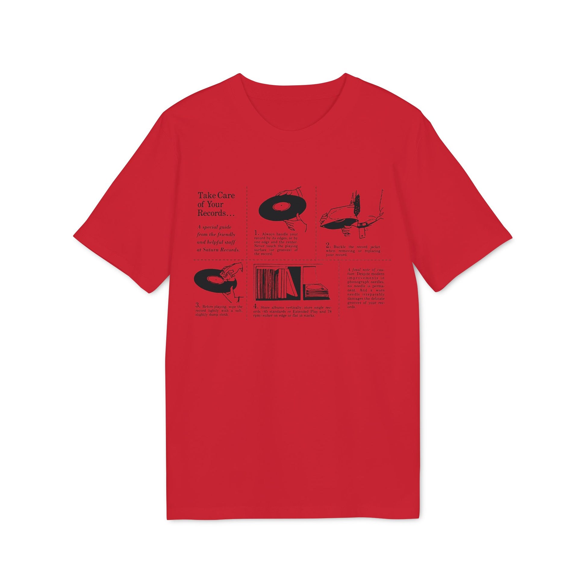 Red t-shirt with illustrated guide on how to care for vinyl records.