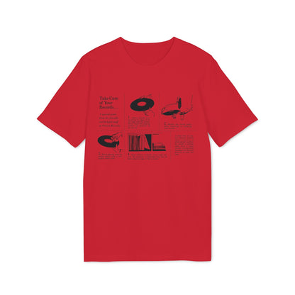 Red t-shirt with illustrated guide on how to care for vinyl records.