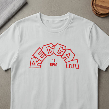 White t-shirt with red "REGGAE 45 RPM" text in an arch design.