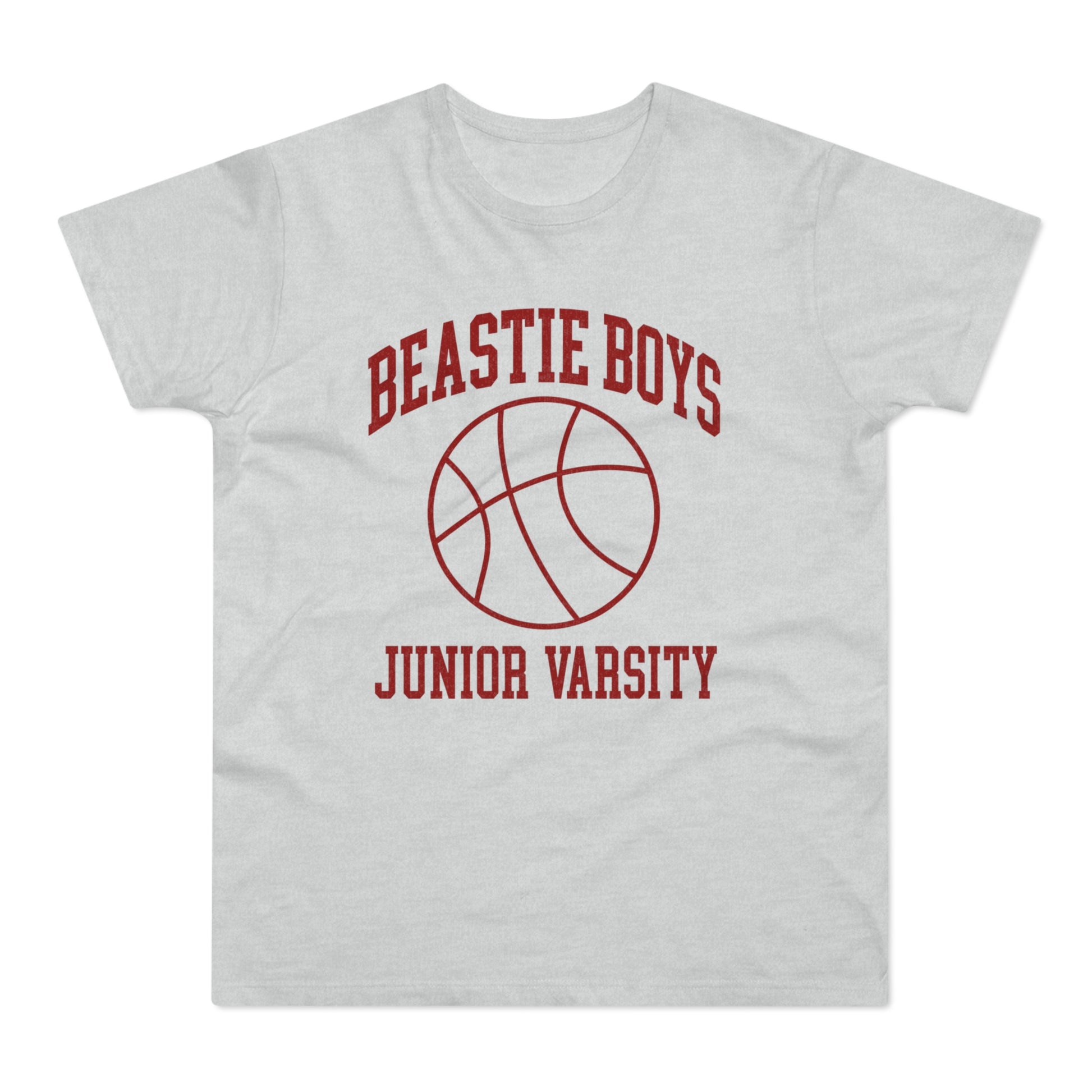 Light gray t-shirt with red text "BEASTIE BOYS" and "JUNIOR VARSITY" flanking a basketball.