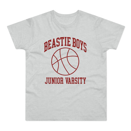 Light gray t-shirt with red text "BEASTIE BOYS" and "JUNIOR VARSITY" flanking a basketball.