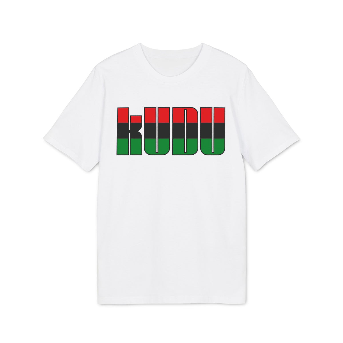 White t-shirt with "KUDU" text in black outline with red and green fill.