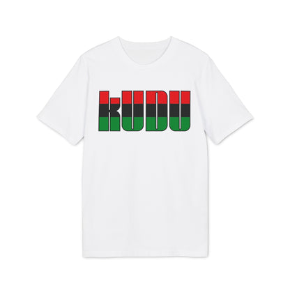White t-shirt with "KUDU" text in black outline with red and green fill.