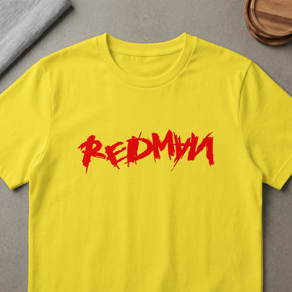 Yellow t-shirt with distressed red "REDMYN" graphic print.