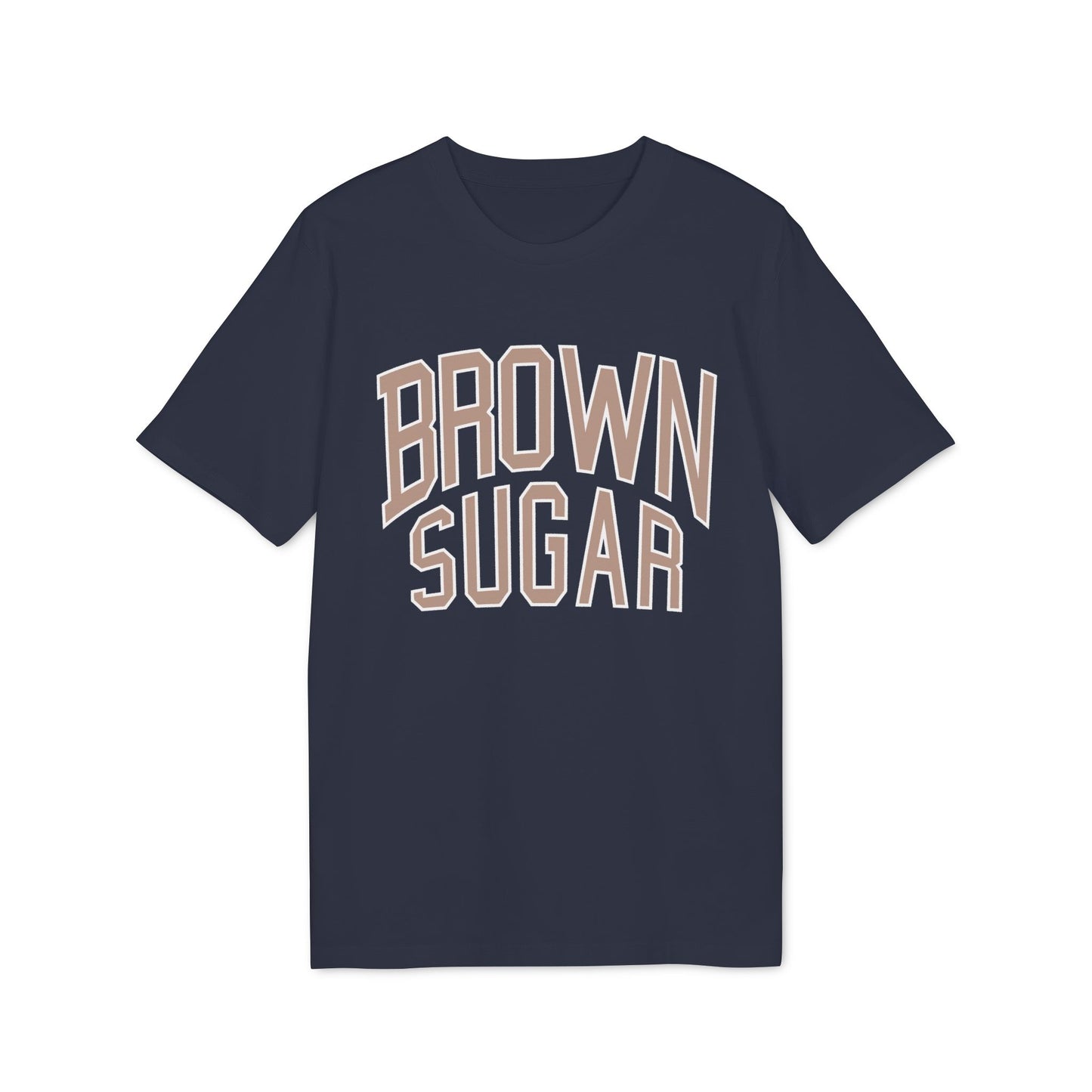 Navy t-shirt with tan text reading "BROWN SUGAR" in collegiate style.