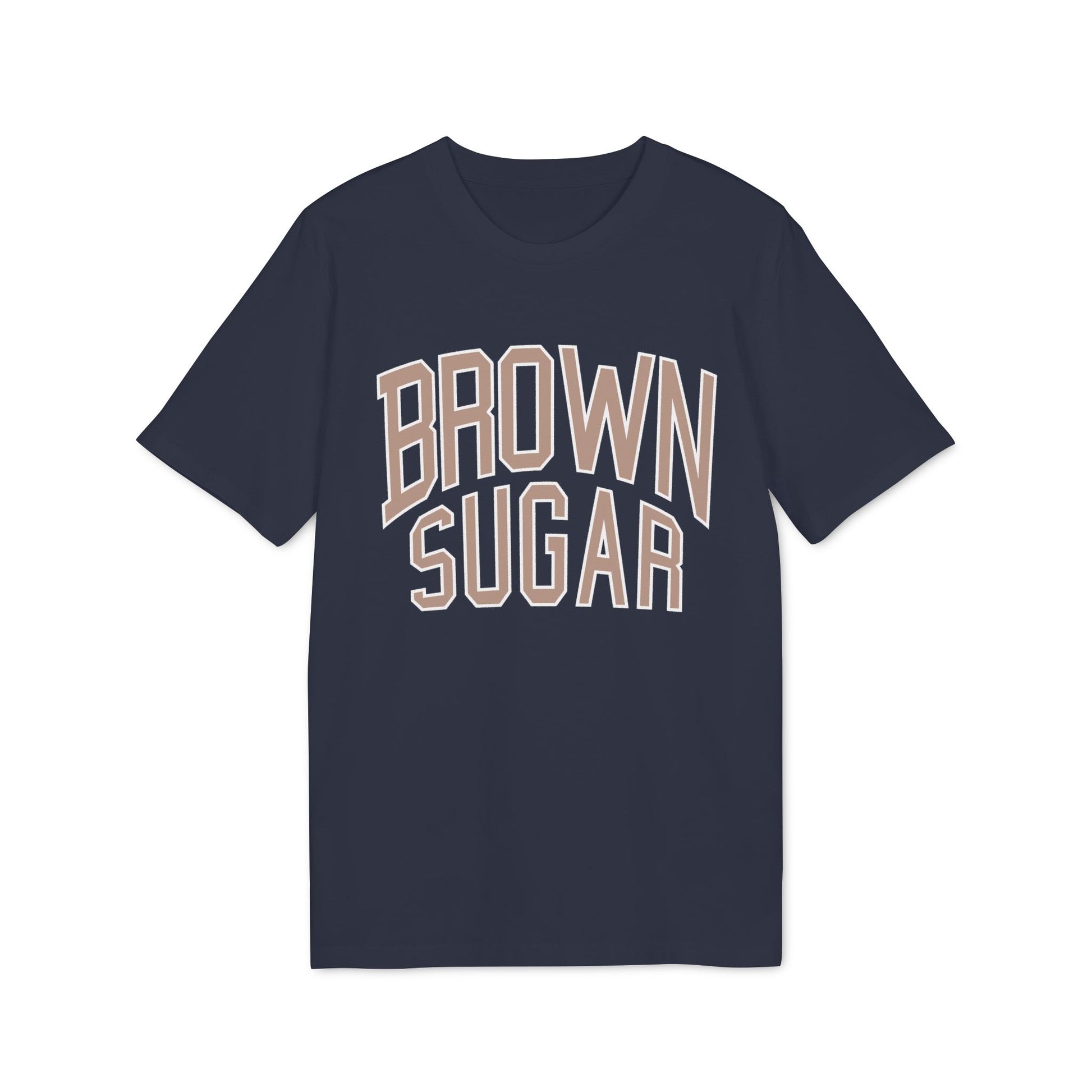 Navy t-shirt with tan text reading "BROWN SUGAR" in collegiate style.