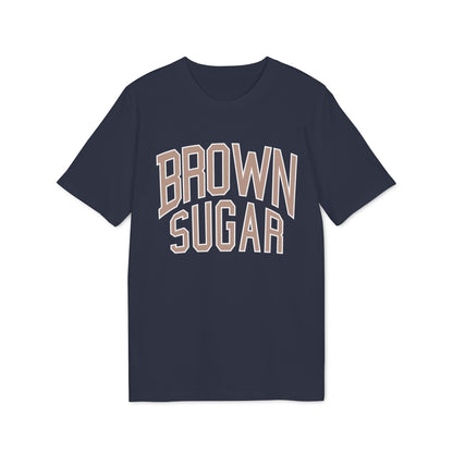 Navy t-shirt with tan text reading "BROWN SUGAR" in collegiate style.