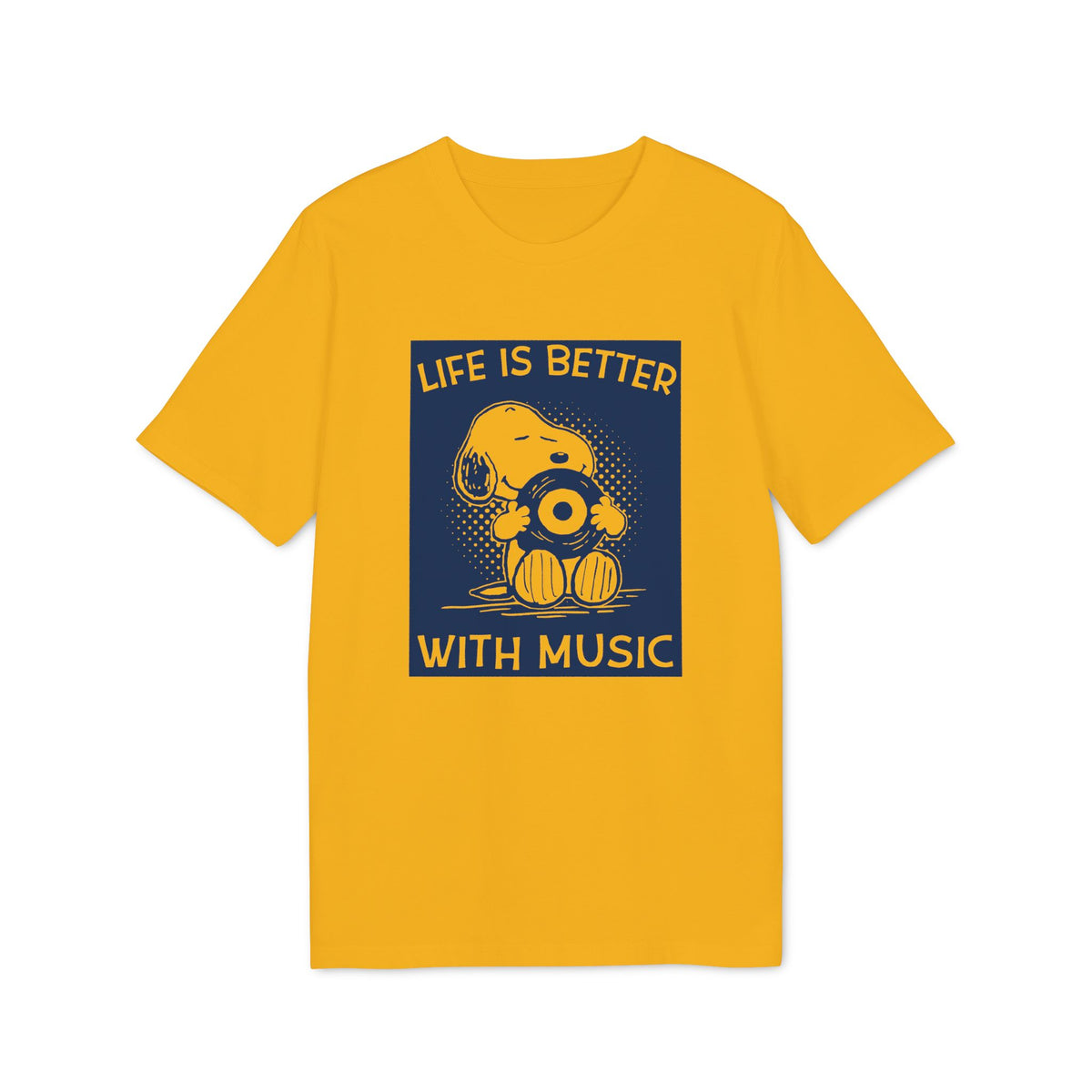 Yellow t-shirt with Snoopy holding a vinyl record; text reads "Life is Better With Music".