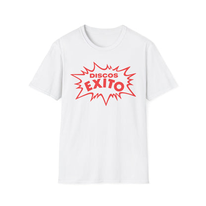 White t-shirt with red "Discos Exito" text in a starburst design.