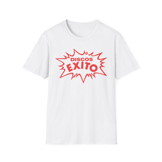 White t-shirt with red "Discos Exito" text in a starburst design.