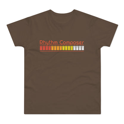 Brown t-shirt with "Rhythm Composer" text and a colorful drum machine pattern.