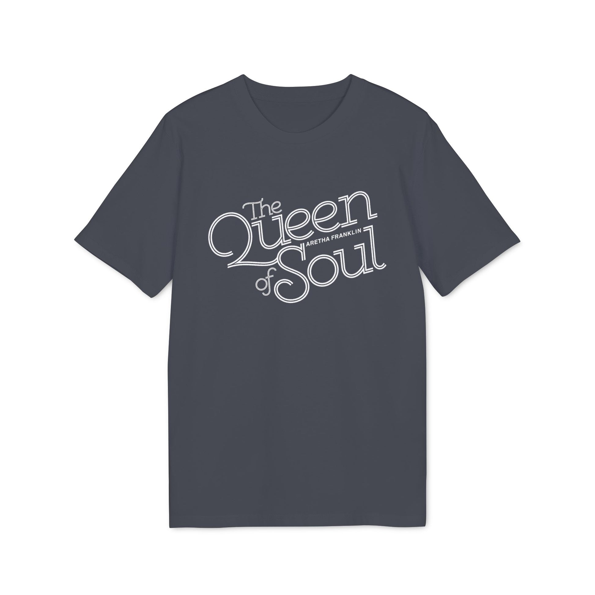 Dark gray t-shirt with "The Queen of Soul Aretha Franklin" text graphic.