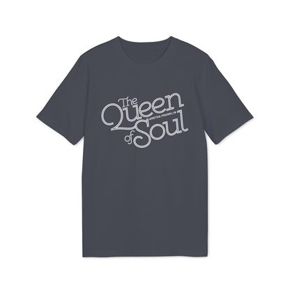 Dark gray t-shirt with "The Queen of Soul Aretha Franklin" text graphic.