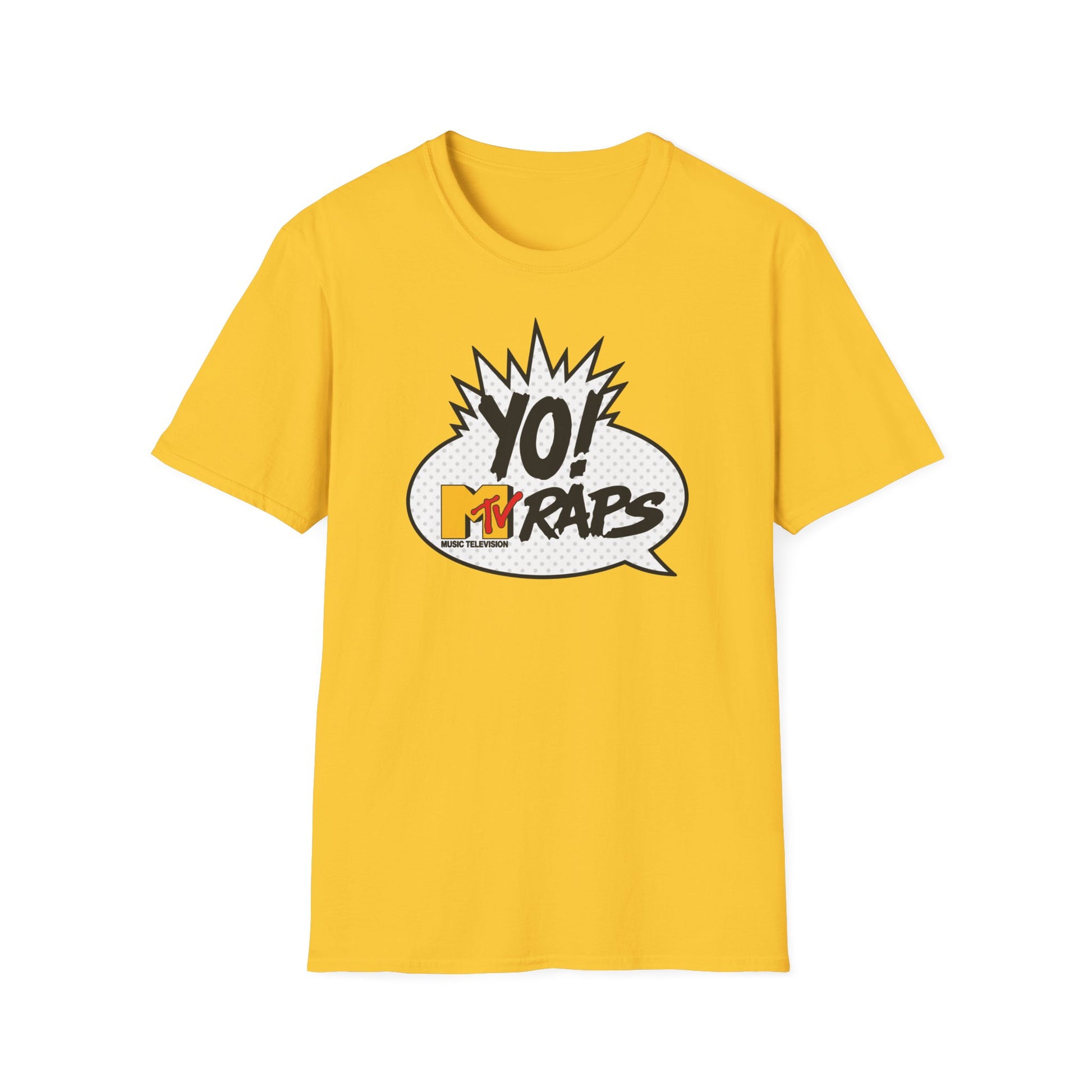 Yellow t-shirt with "YO! MTV RAPS" comic speech bubble logo.